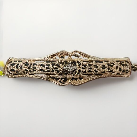 Vintage 12K Gold Filled Filigree Bar Rope Chain Bracelet with Center Diamond - Picture 3 of 13